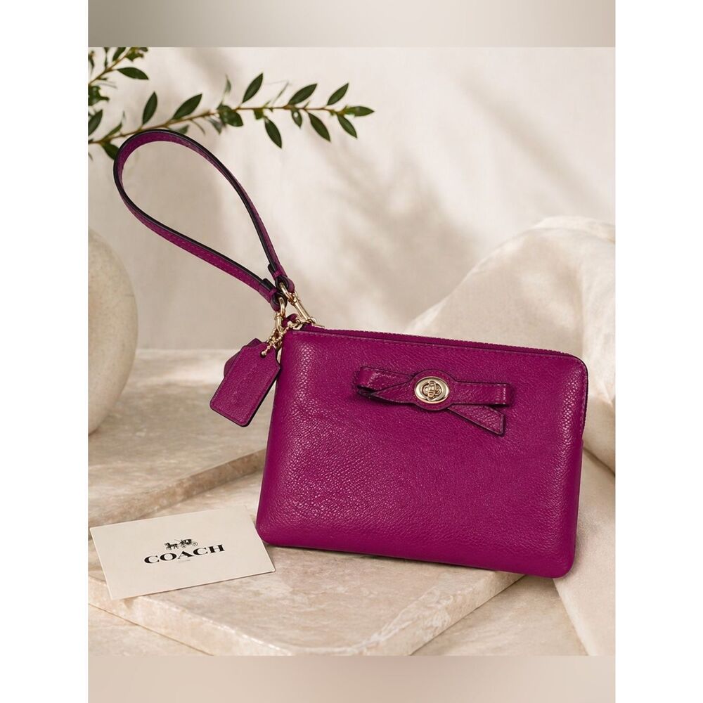Coach Magenta Leather Wristlet with Bow Accent